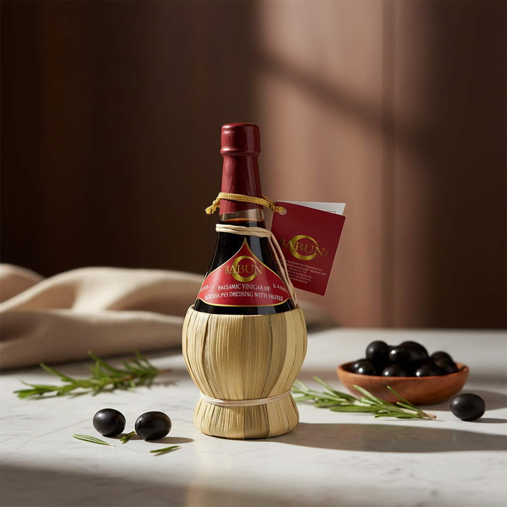 Aged balsamic vinegar with truffle bottle with corrected spelling